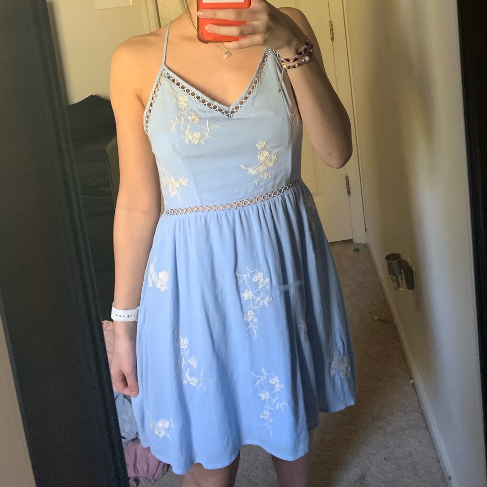 blue & white open back dress